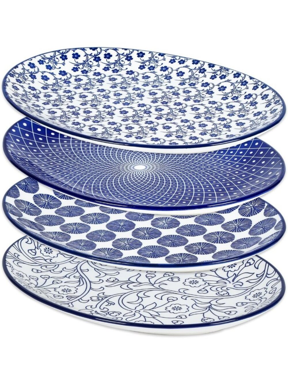 Vintage Blue 14" Oval Ceramic Serving Platter Set of 4 - Elegant Tableware, Home